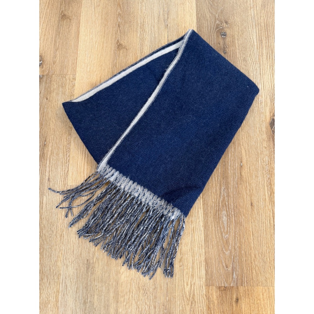 Roucha Minimalist Reversible Wool Scarf Unisex Navy Blue Grey Fringe Old Money